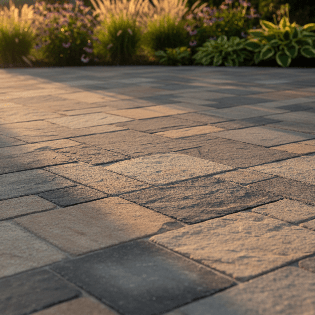 Close-up detail of natural stone patio pavers with varied earth tones and visible mortar joints in golden hour light