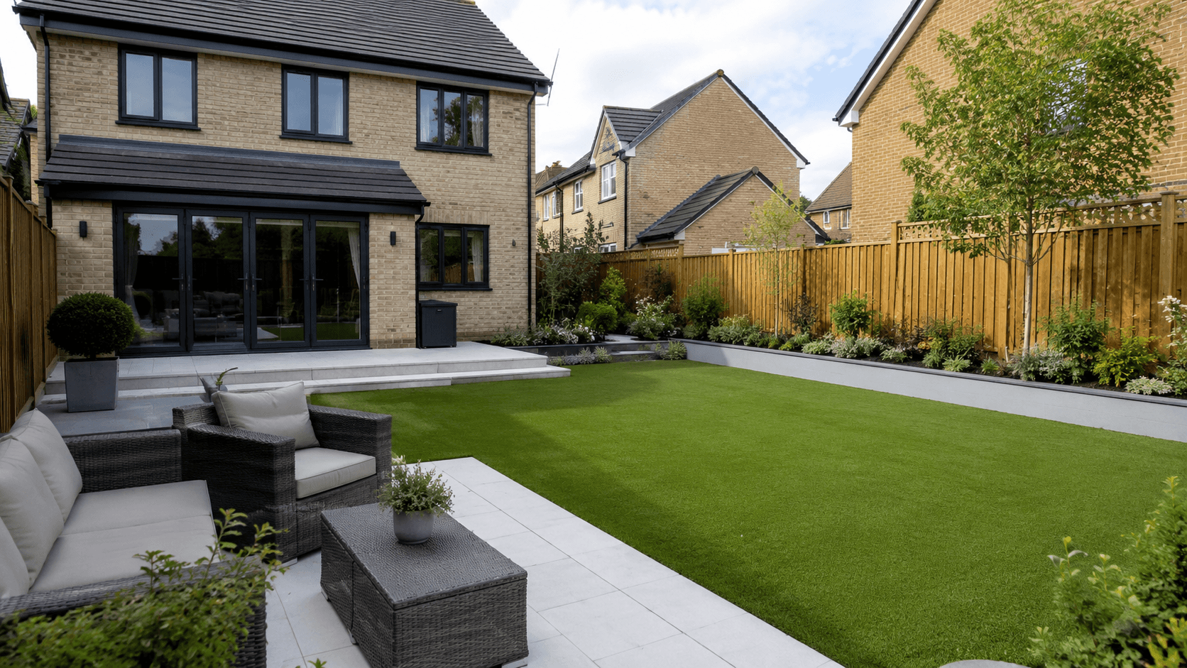 Modern backyard featuring a manicured lawn, stone patio with wicker furniture, and brick house.