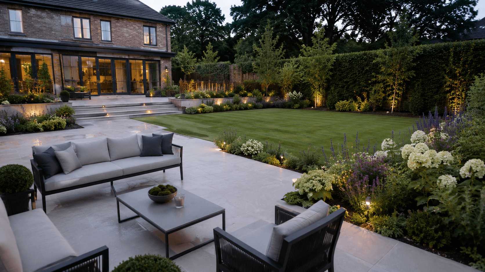 Modern stone patio with grey furniture, a manicured lawn, and illuminated garden at dusk.