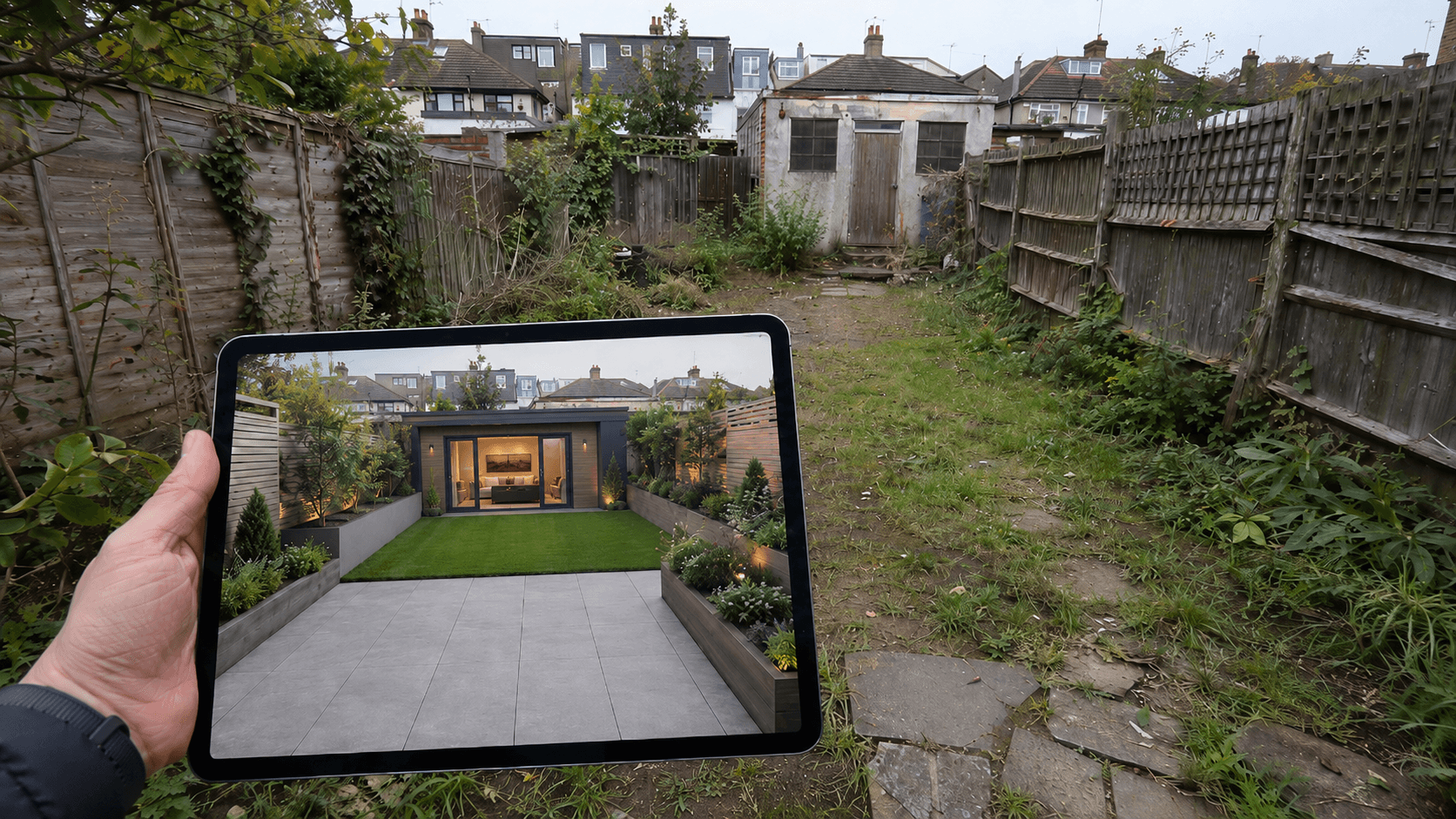 Tablet displaying a modern garden renovation held against a messy, overgrown real-life backyard.